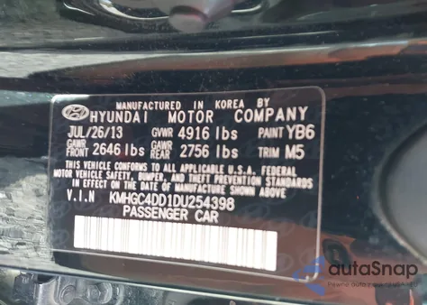 2013 Hyundai Genesis 3.8 from USA, damaged, VIN KMHGC4DD1DU254398